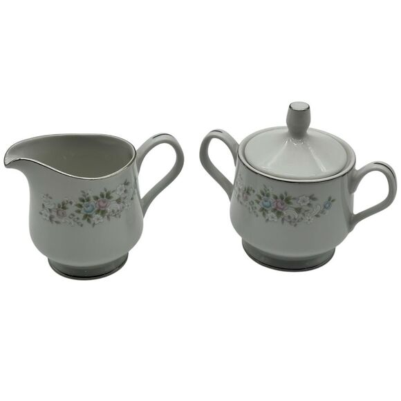 Vintage CARLTON China Japan Corsage 481 Silver Rim Creamer & Sugar Bowl with Lid - Picture 1 of 5